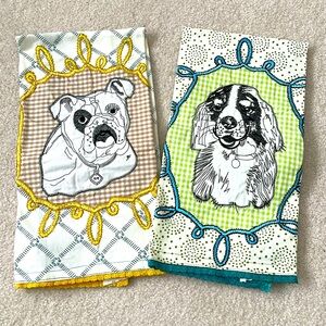 Anthropologie Embroidered Bulldog and Spaniel Kitchen Tea Towel Set New w/ Tags